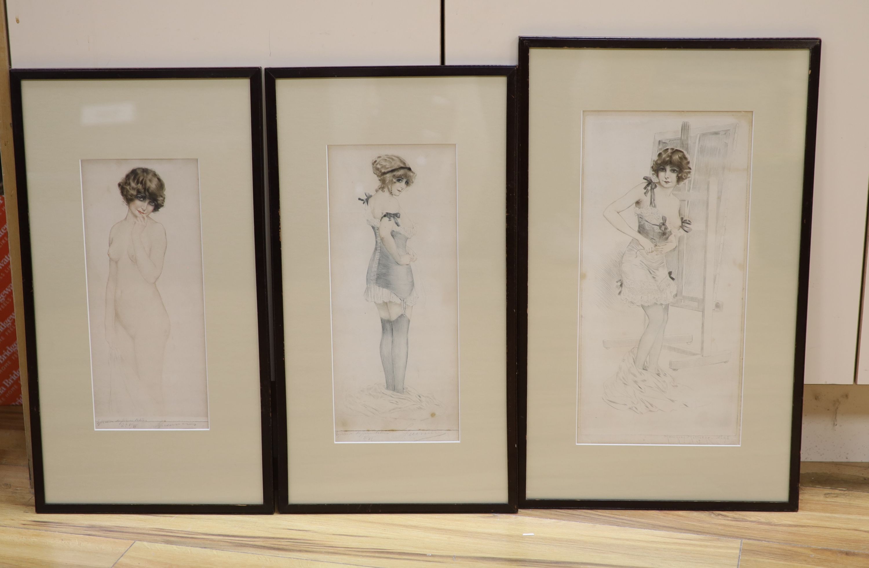 Three Continental coloured drypoint etchings, signed, circa 1913, posing young ladies, largest 39 x 18cm.